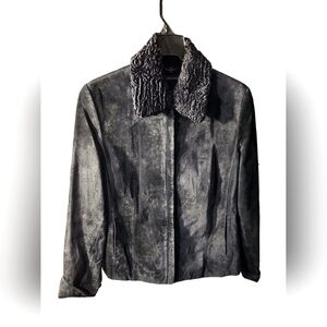 Valerie Stevens beautiful black leather suede faux fur collar removable Lg woman